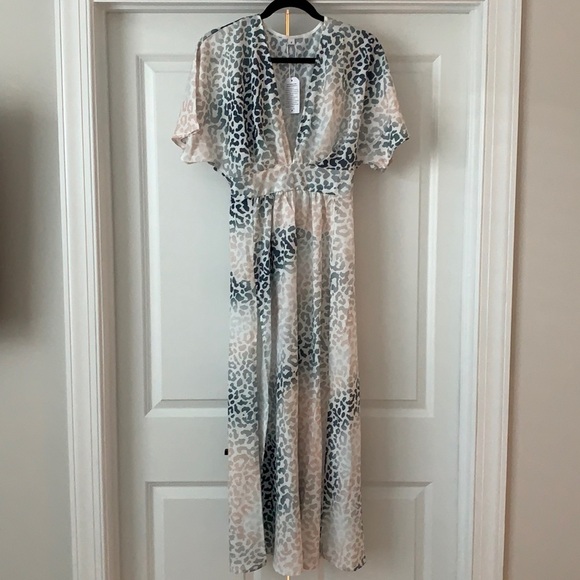 Flowy Maxi Dress Baby Shower Summer Sundress V Neck Smocked Leopard Long Small - Picture 3 of 12